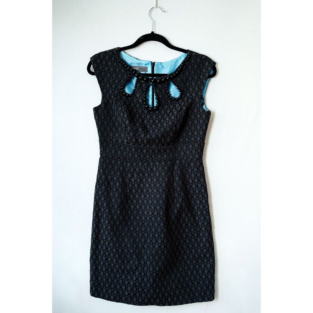 Donna Ricco Dress‎ 6P Petite black beaded circle pattern shift cocktail